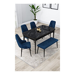 Lia Serisi, 80x132 Açılabilir Siyah Mermer Desen ,mutfak Masası Takımı, 4 Sandalye Ve 1 Bench Lacivert