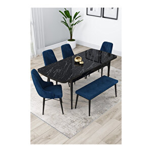 Lia Serisi, 80x132 Açılabilir Siyah Mermer Desen ,mutfak Masası Takımı, 4 Sandalye Ve 1 Bench
