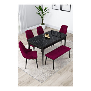 Lia Serisi, 80x132 Açılabilir Siyah Mermer Desen ,mutfak Masası Takımı, 4 Sandalye Ve 1 Bench Mürdüm