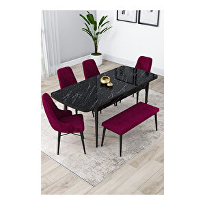 Lia Serisi, 80x132 Açılabilir Siyah Mermer Desen ,mutfak Masası Takımı, 4 Sandalye Ve 1 Bench Mürdüm