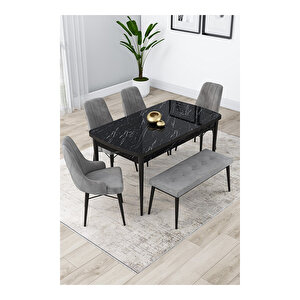 Lia Serisi, 80x132 Açılabilir Siyah Mermer Desen ,mutfak Masası Takımı, 4 Sandalye Ve 1 Bench Gri