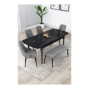 Lia Serisi, 80x132 Açılabilir Siyah Mermer Desen ,mutfak Masası Takımı, 4 Sandalye Ve 1 Bench Gri