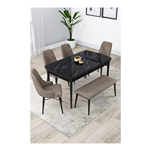 Lia Serisi, 80x132 Açılabilir Siyah Mermer Desen ,mutfak Masası Takımı, 4 Sandalye Ve 1 Bench Cappucino