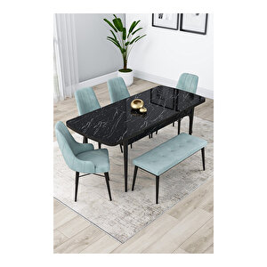 Lia Serisi, 80x132 Açılabilir Siyah Mermer Desen ,mutfak Masası Takımı, 4 Sandalye Ve 1 Bench Su Yeşili