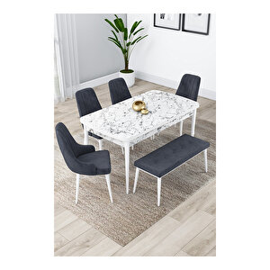 Lia Serisi, 80x132 Açılabilir Beyaz Mermer Desen ,mutfak Masası Takımı, 4 Sandalye Ve 1 Bench Antrasit