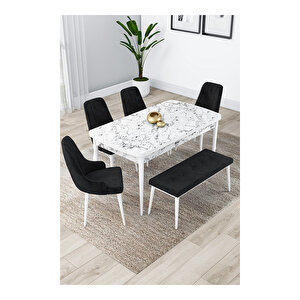 Lia Serisi, 80x132 Açılabilir Beyaz Mermer Desen ,mutfak Masası Takımı, 4 Sandalye Ve 1 Bench Siyah
