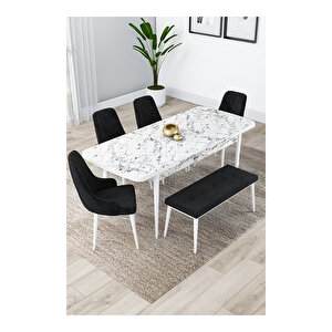 Lia Serisi, 80x132 Açılabilir Beyaz Mermer Desen ,mutfak Masası Takımı, 4 Sandalye Ve 1 Bench Siyah