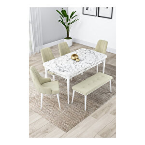 Lia Serisi, 80x132 Açılabilir Beyaz Mermer Desen ,mutfak Masası Takımı, 4 Sandalye Ve 1 Bench Krem