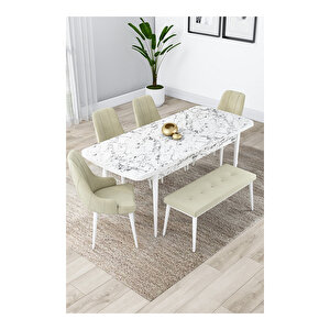 Lia Serisi, 80x132 Açılabilir Beyaz Mermer Desen ,mutfak Masası Takımı, 4 Sandalye Ve 1 Bench Krem