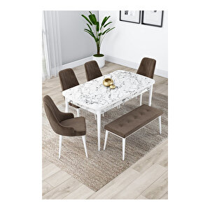 Lia Serisi, 80x132 Açılabilir Beyaz Mermer Desen ,mutfak Masası Takımı, 4 Sandalye Ve 1 Bench Kahverengi
