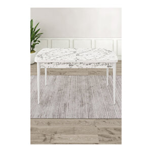 Lia Serisi, 80x132 Açılabilir Beyaz Mermer Desen ,mutfak Masası Takımı, 4 Sandalye Ve 1 Bench Kahverengi