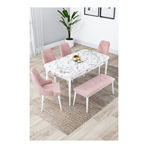Lia Serisi, 80x132 Açılabilir Beyaz Mermer Desen ,mutfak Masası Takımı, 4 Sandalye Ve 1 Bench Pembe