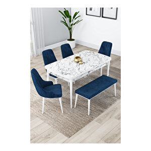 Lia Serisi, 80x132 Açılabilir Beyaz Mermer Desen ,mutfak Masası Takımı, 4 Sandalye Ve 1 Bench Lacivert