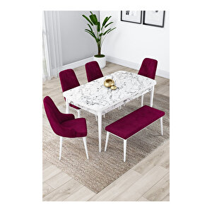 Lia Serisi, 80x132 Açılabilir Beyaz Mermer Desen ,mutfak Masası Takımı, 4 Sandalye Ve 1 Bench Mürdüm