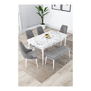 Lia Serisi, 80x132 Açılabilir Beyaz Mermer Desen ,mutfak Masası Takımı, 4 Sandalye Ve 1 Bench Gri