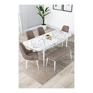 Lia Serisi, 80x132 Açılabilir Beyaz Mermer Desen ,mutfak Masası Takımı, 4 Sandalye Ve 1 Bench Cappucino
