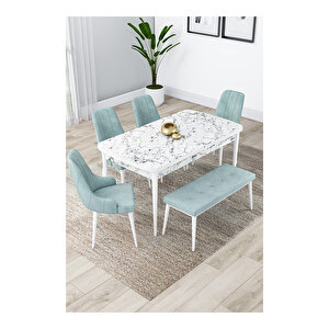 Lia Serisi, 80x132 Açılabilir Beyaz Mermer Desen ,mutfak Masası Takımı, 4 Sandalye Ve 1 Bench Su Yeşili