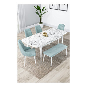 Lia Serisi, 80x132 Açılabilir Beyaz Mermer Desen ,mutfak Masası Takımı, 4 Sandalye Ve 1 Bench Su Yeşili