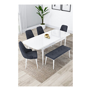Lia Serisi, 80x132 Açılabilir Beyaz Masa, Mutfak Masası Takımı, 4 Sandalye Ve 1 Bench Antrasit