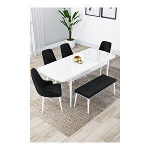 Lia Serisi, 80x132 Açılabilir Beyaz Masa, Mutfak Masası Takımı, 4 Sandalye Ve 1 Bench Siyah