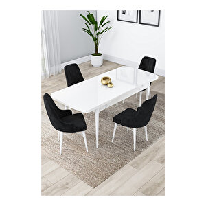 Lia Serisi, 80x132 Açılabilir Beyaz Masa, Mutfak Masası Takımı, 4 Sandalye Ve 1 Bench Siyah