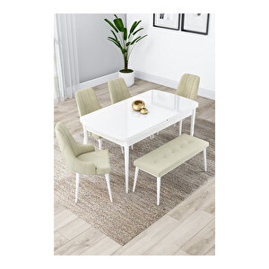 Lia Serisi, 80x132 Açılabilir Beyaz Masa, Mutfak Masası Takımı, 4 Sandalye Ve 1 Bench Krem