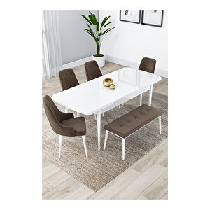 Lia Serisi, 80x132 Açılabilir Beyaz Masa, Mutfak Masası Takımı, 4 Sandalye Ve 1 Bench Kahverengi
