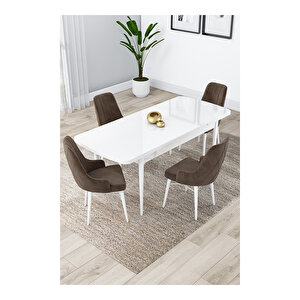 Lia Serisi, 80x132 Açılabilir Beyaz Masa, Mutfak Masası Takımı, 4 Sandalye Ve 1 Bench Kahverengi