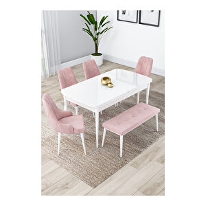 Lia Serisi, 80x132 Açılabilir Beyaz Masa, Mutfak Masası Takımı, 4 Sandalye Ve 1 Bench Pembe