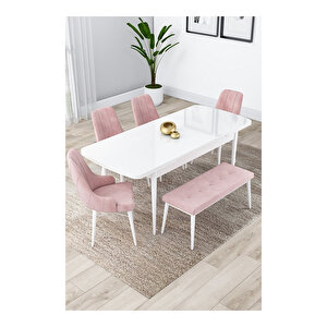 Lia Serisi, 80x132 Açılabilir Beyaz Masa, Mutfak Masası Takımı, 4 Sandalye Ve 1 Bench Pembe
