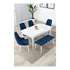 Lia Serisi, 80x132 Açılabilir Beyaz Masa, Mutfak Masası Takımı, 4 Sandalye Ve 1 Bench Lacivert