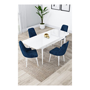 Lia Serisi, 80x132 Açılabilir Beyaz Masa, Mutfak Masası Takımı, 4 Sandalye Ve 1 Bench Lacivert