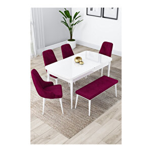 Lia Serisi, 80x132 Açılabilir Beyaz Masa, Mutfak Masası Takımı, 4 Sandalye Ve 1 Bench