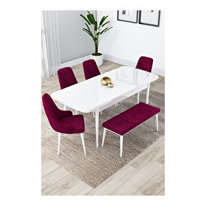 Lia Serisi, 80x132 Açılabilir Beyaz Masa, Mutfak Masası Takımı, 4 Sandalye Ve 1 Bench Mürdüm