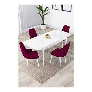 Lia Serisi, 80x132 Açılabilir Beyaz Masa, Mutfak Masası Takımı, 4 Sandalye Ve 1 Bench Mürdüm