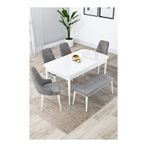 Lia Serisi, 80x132 Açılabilir Beyaz Masa, Mutfak Masası Takımı, 4 Sandalye Ve 1 Bench Gri