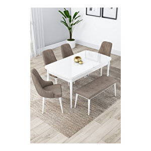 Lia Serisi, 80x132 Açılabilir Beyaz Masa, Mutfak Masası Takımı, 4 Sandalye Ve 1 Bench Cappucino