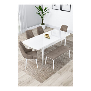 Lia Serisi, 80x132 Açılabilir Beyaz Masa, Mutfak Masası Takımı, 4 Sandalye Ve 1 Bench