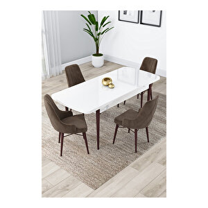 Lia Serisi, 80x132 Açılabilir Beyaz Masa Ceviz Ayak Mutfak Masası Takımı, 4 Sandalye