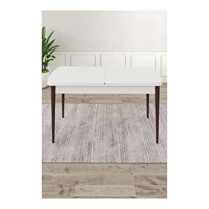 Lia Serisi, 80x132 Açılabilir Beyaz Masa Ceviz Ayak Mutfak Masası Takımı, 6 Sandalye Kahverengi