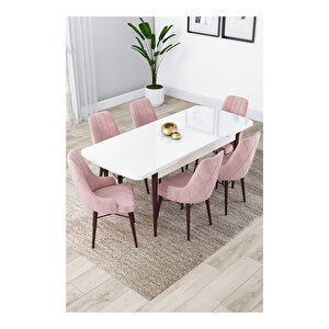 Lia Serisi, 80x132 Açılabilir Beyaz Masa Ceviz Ayak Mutfak Masası Takımı, 6 Sandalye Pembe