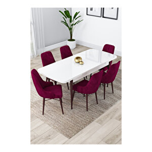 Lia Serisi, 80x132 Açılabilir Beyaz Masa Ceviz Ayak Mutfak Masası Takımı, 6 Sandalye