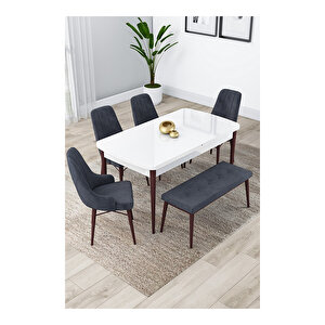 Lia Serisi, 80x132 Açılabilir Beyaz Masa Ceviz Ayak Mutfak Masası Takımı, 4 Sandalye Ve 1 Bench Antrasit