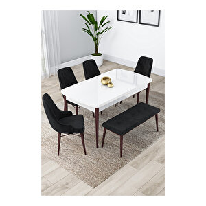 Lia Serisi, 80x132 Açılabilir Beyaz Masa Ceviz Ayak Mutfak Masası Takımı, 4 Sandalye Ve 1 Bench Siyah