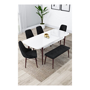 Lia Serisi, 80x132 Açılabilir Beyaz Masa Ceviz Ayak Mutfak Masası Takımı, 4 Sandalye Ve 1 Bench Siyah