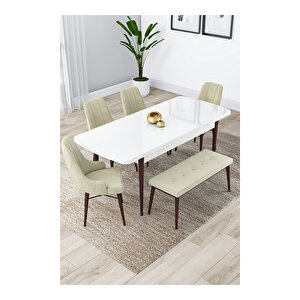 Lia Serisi, 80x132 Açılabilir Beyaz Masa Ceviz Ayak Mutfak Masası Takımı, 4 Sandalye Ve 1 Bench Krem