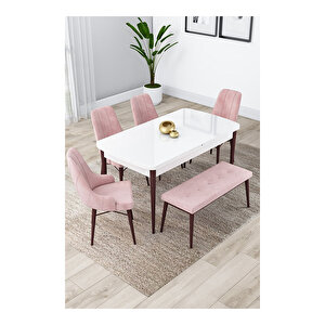 Lia Serisi, 80x132 Açılabilir Beyaz Masa Ceviz Ayak Mutfak Masası Takımı, 4 Sandalye Ve 1 Bench Pembe