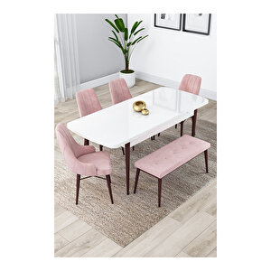 Lia Serisi, 80x132 Açılabilir Beyaz Masa Ceviz Ayak Mutfak Masası Takımı, 4 Sandalye Ve 1 Bench Pembe