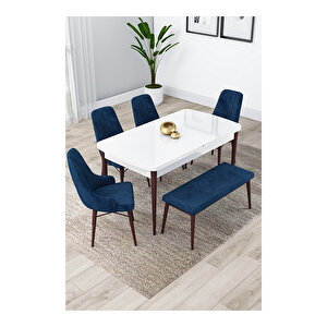 Lia Serisi, 80x132 Açılabilir Beyaz Masa Ceviz Ayak Mutfak Masası Takımı, 4 Sandalye Ve 1 Bench Lacivert