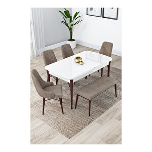 Lia Serisi, 80x132 Açılabilir Beyaz Masa Ceviz Ayak Mutfak Masası Takımı, 4 Sandalye Ve 1 Bench Cappucino